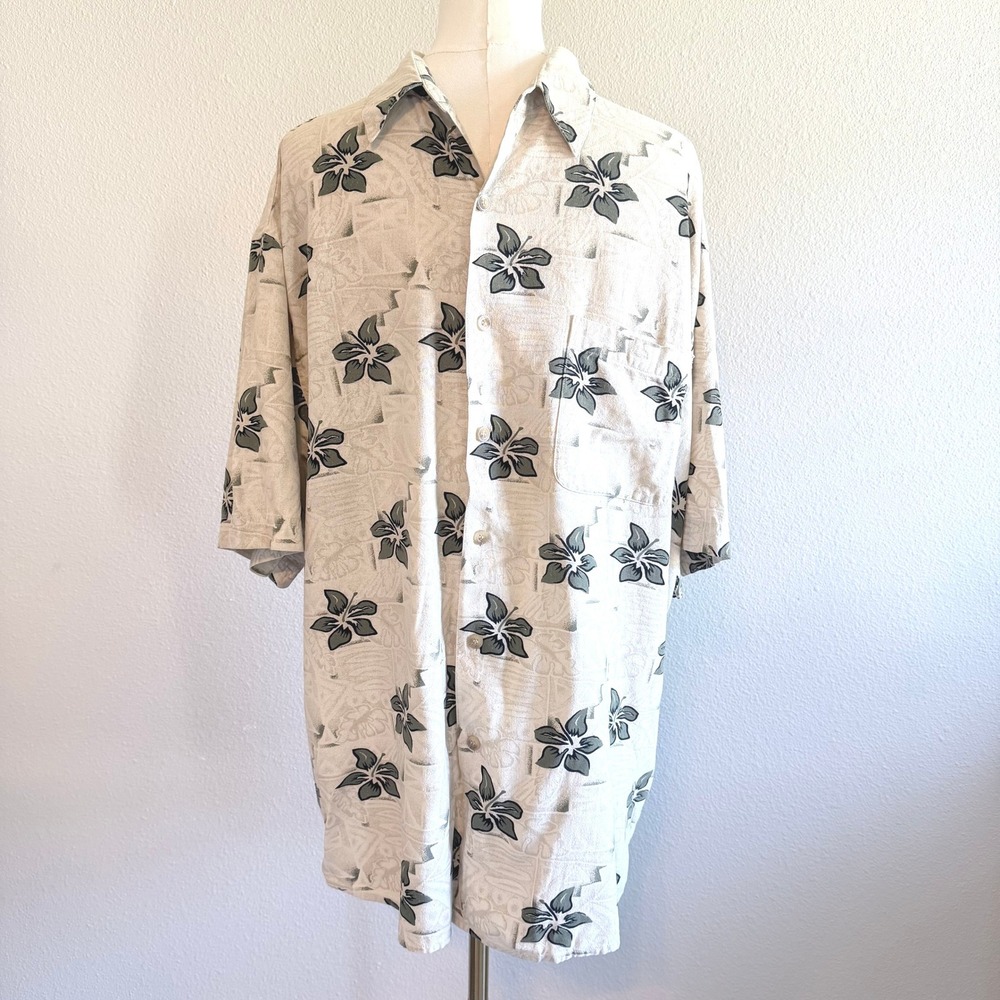 Summa Vintage 100% Silk Hawaiian Shirt Mens Large Tan Grey Floral Y2K Beach L